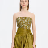 Stone Embroidered Taffeta Long Evening Dress with Slits - 9107C