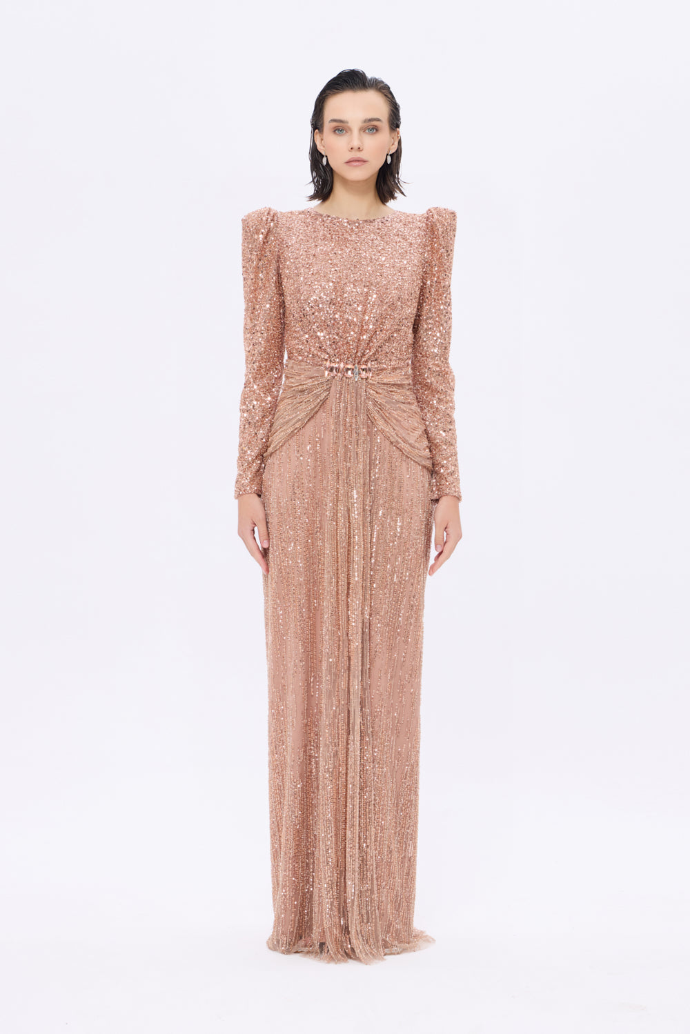 Stone Embroidered Watermelon Sleeve Long Evening Dress - 9089C