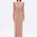 Stone Embroidered Watermelon Sleeve Long Evening Dress - 9089C
