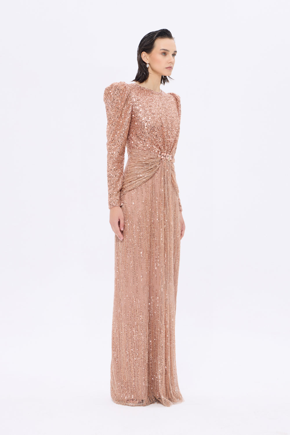 Stone Embroidered Watermelon Sleeve Long Evening Dress - 9089C