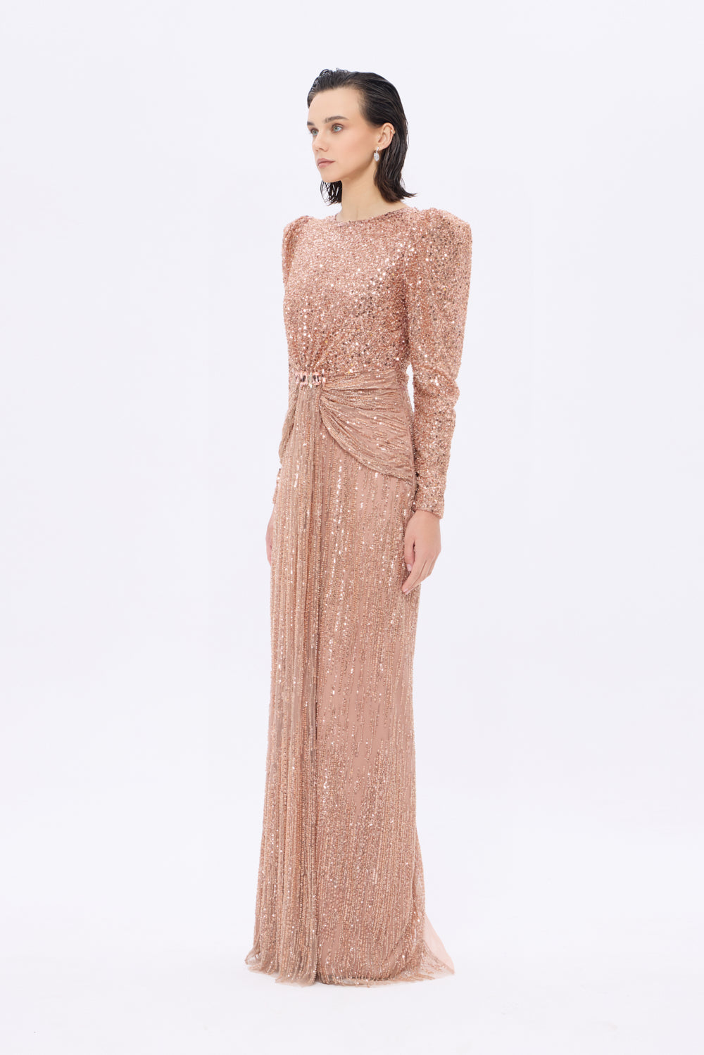 Stone Embroidered Watermelon Sleeve Long Evening Dress - 9089C