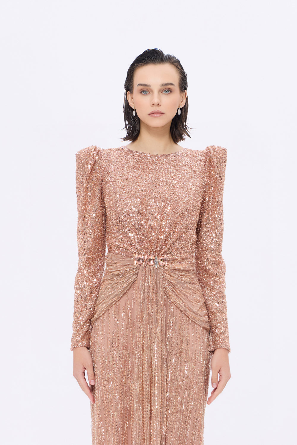 Stone Embroidered Watermelon Sleeve Long Evening Dress - 9089C