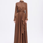 Drape Detaylı Dik Yaka Saten Uzun Abiye Elbise - 9072C - KAHVE