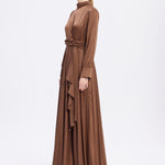 Drape Detaylı Dik Yaka Saten Uzun Abiye Elbise - 9072C - KAHVE