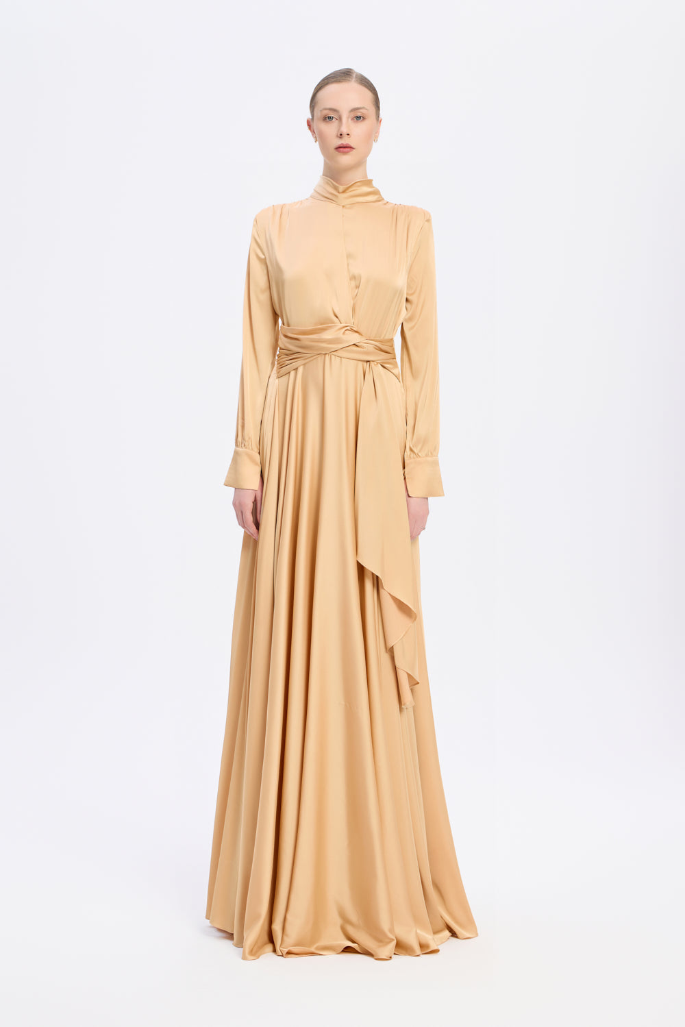 Drape Detaylı Dik Yaka Saten Uzun Abiye Elbise - 9072C - BEJ