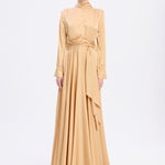 Drape Detaylı Dik Yaka Saten Uzun Abiye Elbise - 9072C - BEJ