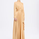 Drape Detaylı Dik Yaka Saten Uzun Abiye Elbise - 9072C - BEJ
