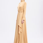 Drape Detaylı Dik Yaka Saten Uzun Abiye Elbise - 9072C - BEJ