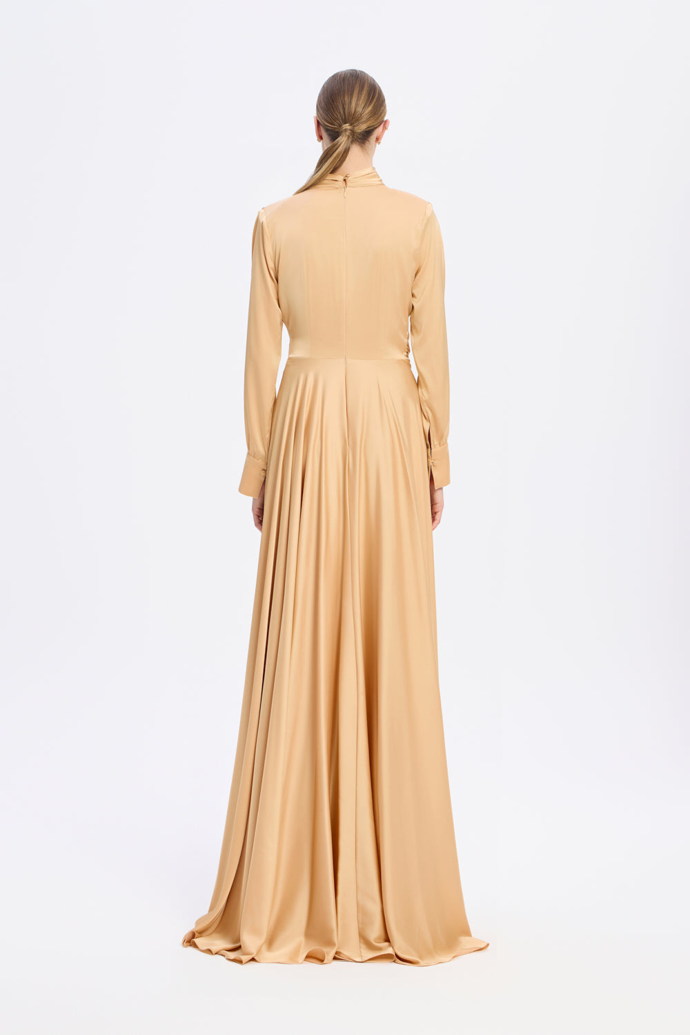 Drape Detaylı Dik Yaka Saten Uzun Abiye Elbise - 9072C - BEJ