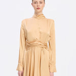 Drape Detaylı Dik Yaka Saten Uzun Abiye Elbise - 9072C - BEJ