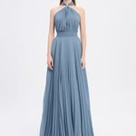 Broş Detaylı Halter Yaka Piliseli Uzun Abiye Elbise - 9097C - Koyu Mavi