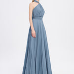 Broş Detaylı Halter Yaka Piliseli Uzun Abiye Elbise - 9097C - Koyu Mavi