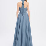 Broş Detaylı Halter Yaka Piliseli Uzun Abiye Elbise - 9097C - Koyu Mavi