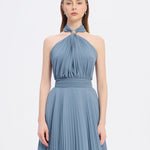 Broş Detaylı Halter Yaka Piliseli Uzun Abiye Elbise - 9097C - Koyu Mavi