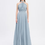 Broş Detaylı Halter Yaka Piliseli Uzun Abiye Elbise - 9097C - Puslu Mavi