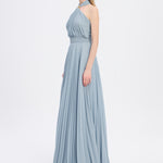 Broş Detaylı Halter Yaka Piliseli Uzun Abiye Elbise - 9097C - Puslu Mavi