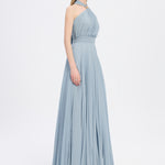 Broş Detaylı Halter Yaka Piliseli Uzun Abiye Elbise - 9097C - Puslu Mavi