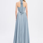 Broş Detaylı Halter Yaka Piliseli Uzun Abiye Elbise - 9097C - Puslu Mavi