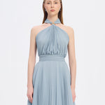 Broş Detaylı Halter Yaka Piliseli Uzun Abiye Elbise - 9097C - Puslu Mavi