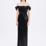 Sequined Long Evening Dress with Bow Detail - 9055C