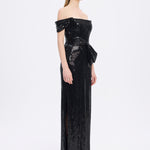 Sequined Long Evening Dress with Bow Detail - 9055C