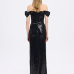 Sequined Long Evening Dress with Bow Detail - 9055C