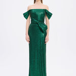 Sequined Long Evening Dress with Bow Detail - 9055C