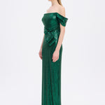 Sequined Long Evening Dress with Bow Detail - 9055C