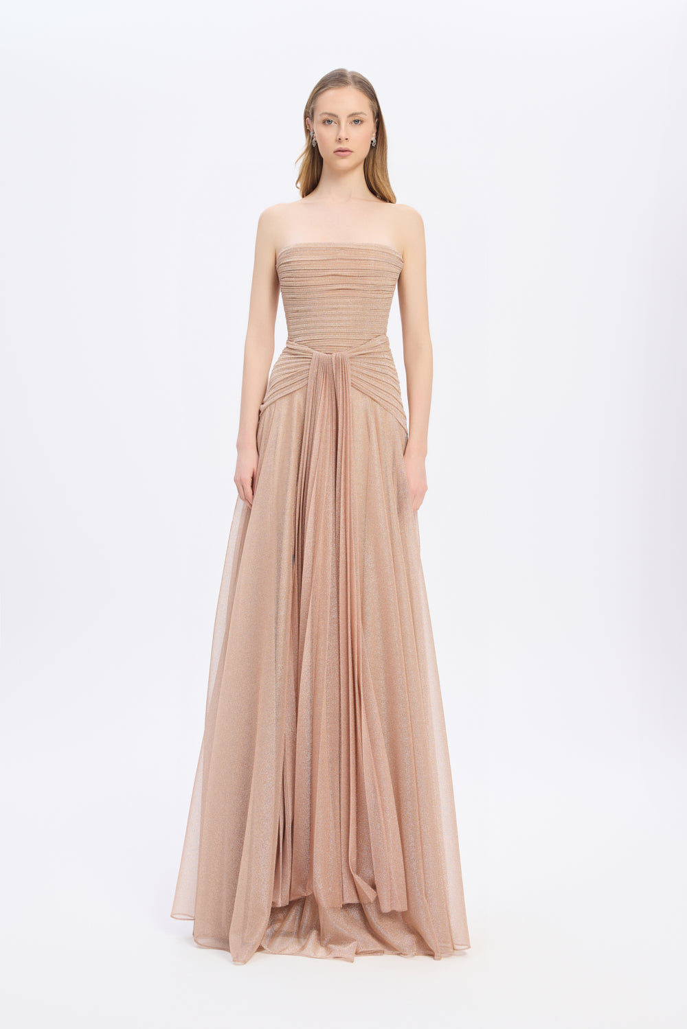 Straplez Yaka Simli Uzun Abiye Elbise - 9167C - GOLD