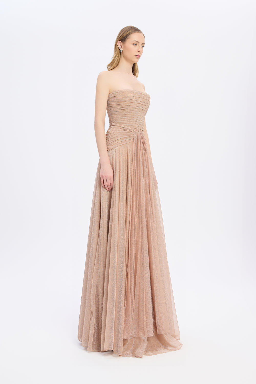 Straplez Yaka Simli Uzun Abiye Elbise - 9167C - GOLD