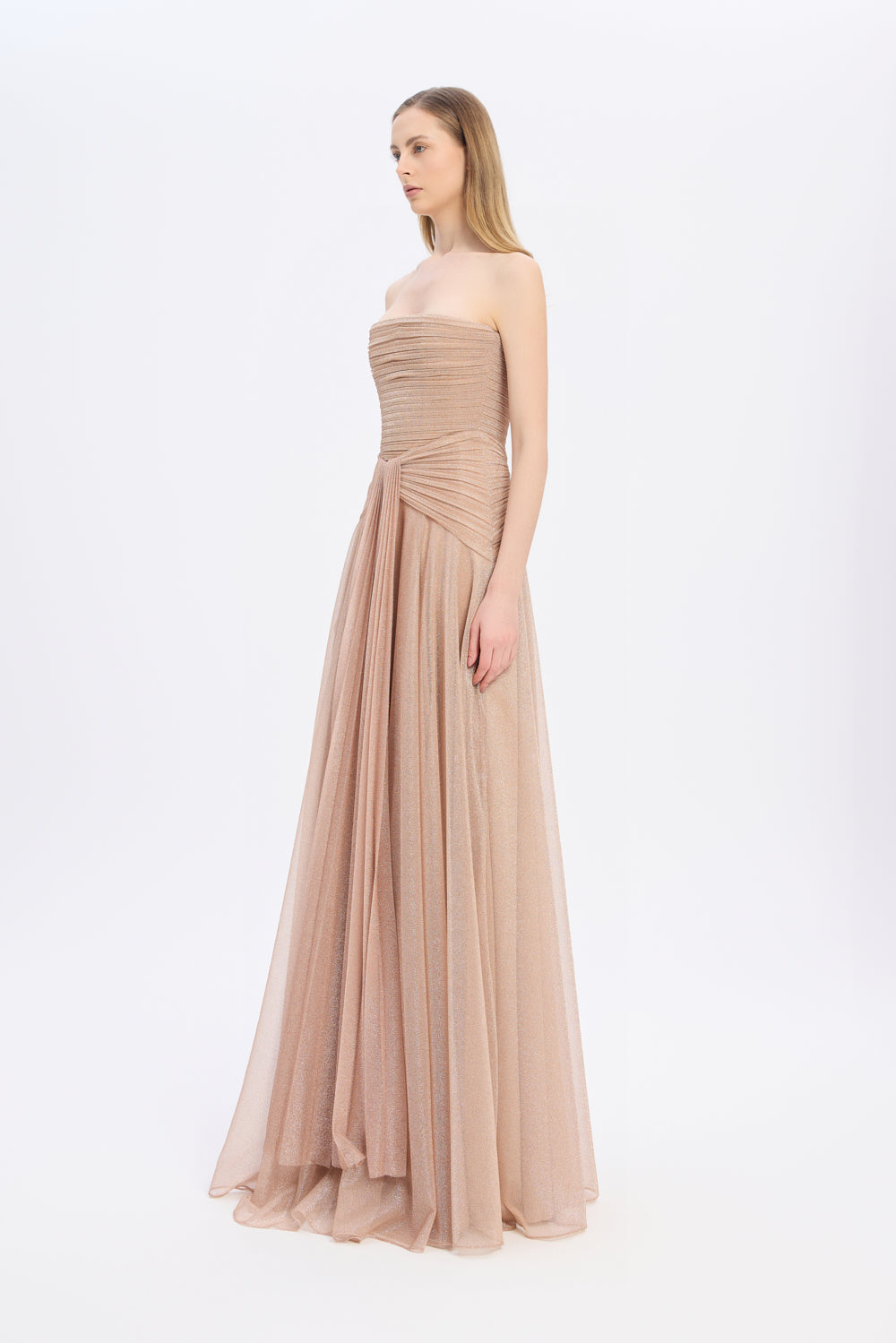 Straplez Yaka Simli Uzun Abiye Elbise - 9167C - GOLD