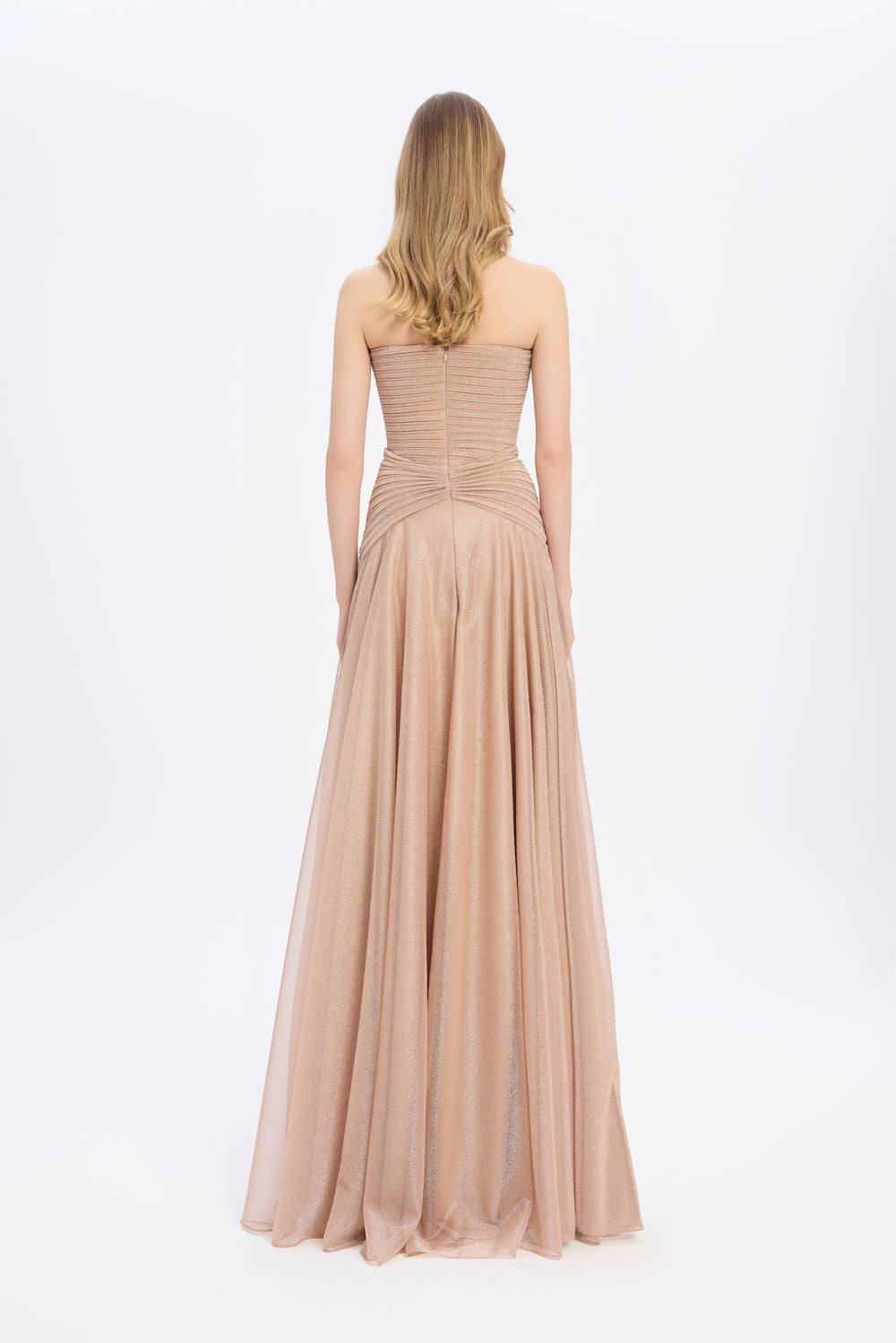 Straplez Yaka Simli Uzun Abiye Elbise - 9167C - GOLD