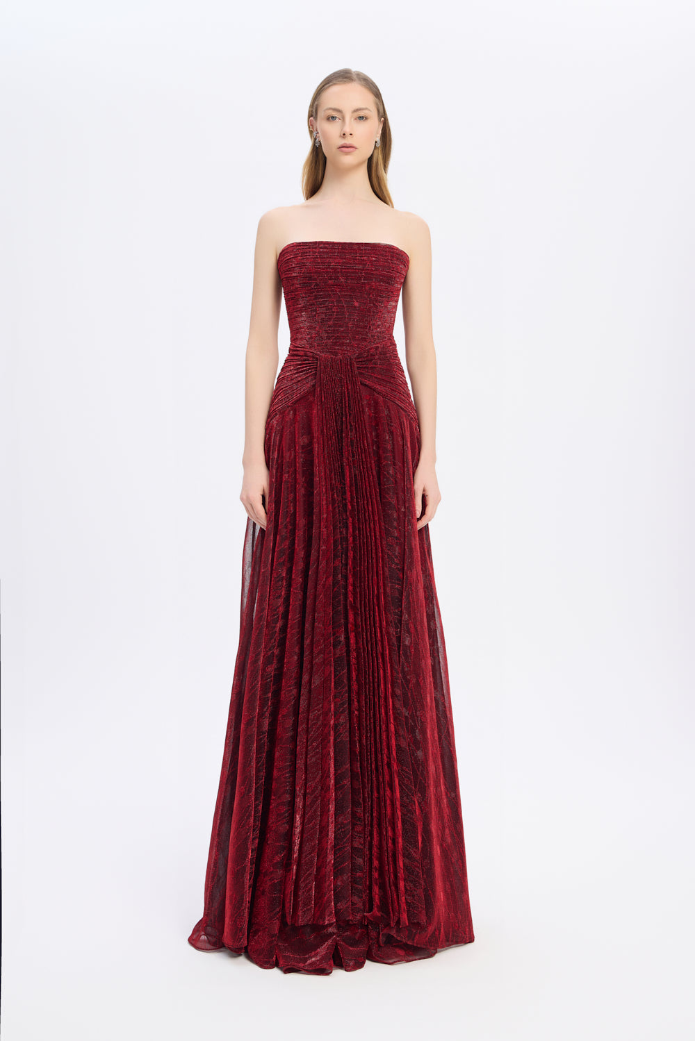 Straplez Yaka Simli Uzun Abiye Elbise - 9167C - BORDO
