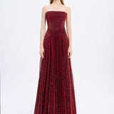 Straplez Yaka Simli Uzun Abiye Elbise - 9167C - BORDO