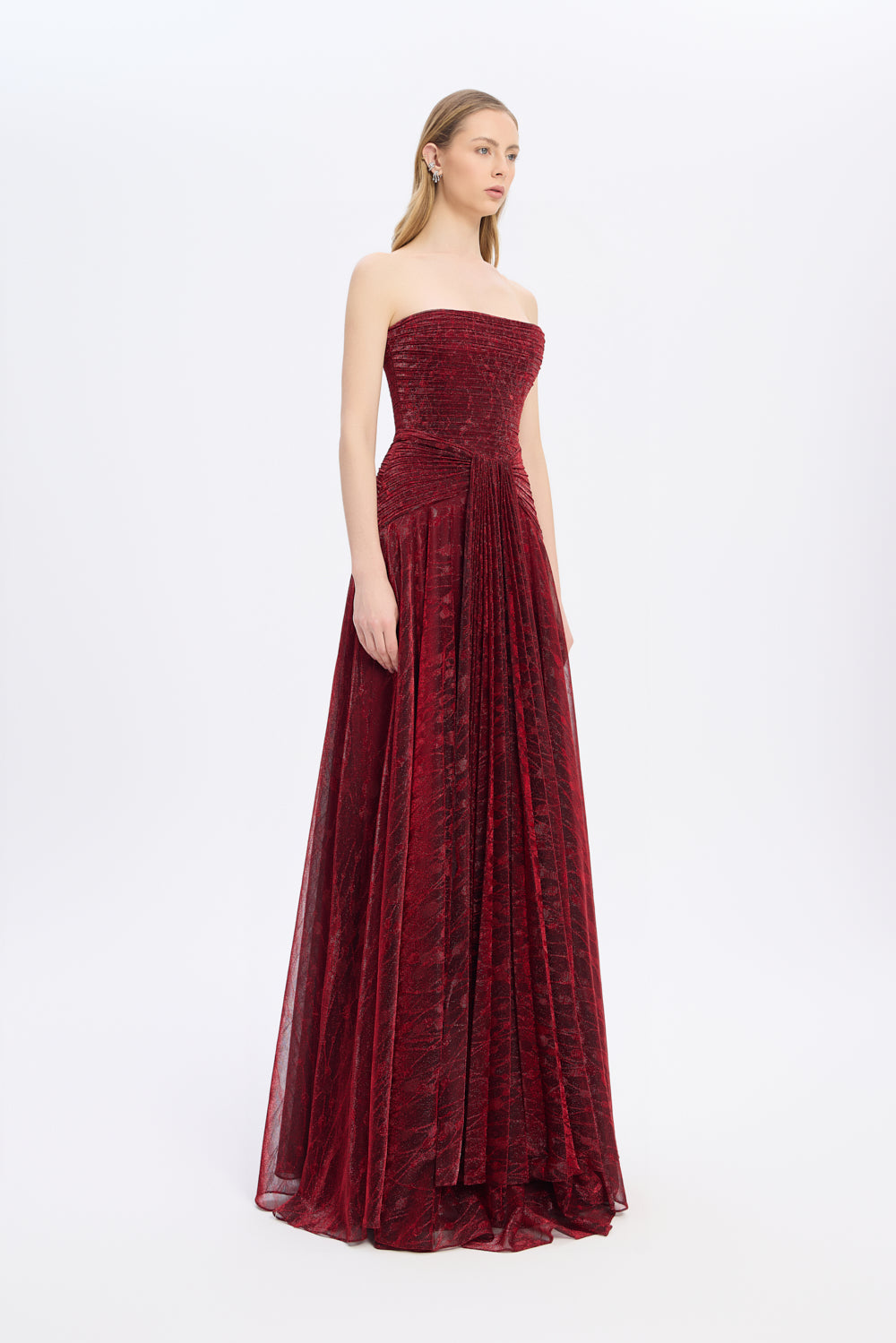 Straplez Yaka Simli Uzun Abiye Elbise - 9167C - BORDO