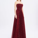 Straplez Yaka Simli Uzun Abiye Elbise - 9167C - BORDO