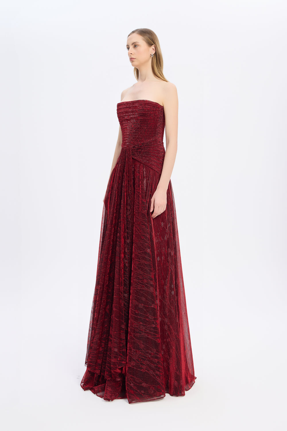 Straplez Yaka Simli Uzun Abiye Elbise - 9167C - BORDO