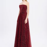 Straplez Yaka Simli Uzun Abiye Elbise - 9167C - BORDO