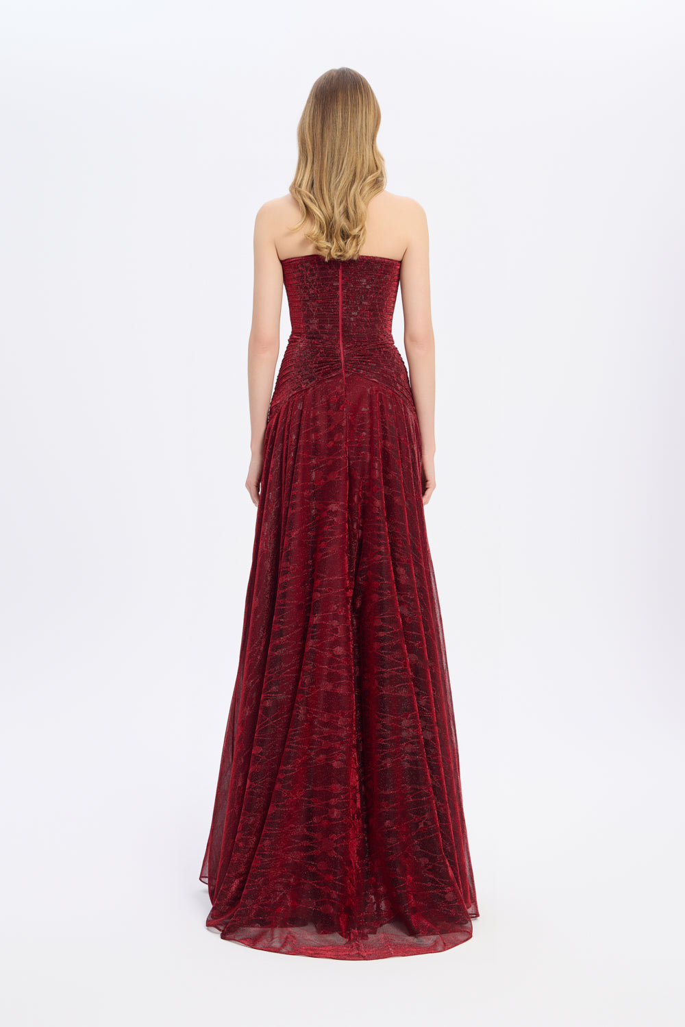 Straplez Yaka Simli Uzun Abiye Elbise - 9167C - BORDO