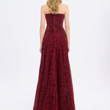 Straplez Yaka Simli Uzun Abiye Elbise - 9167C - BORDO