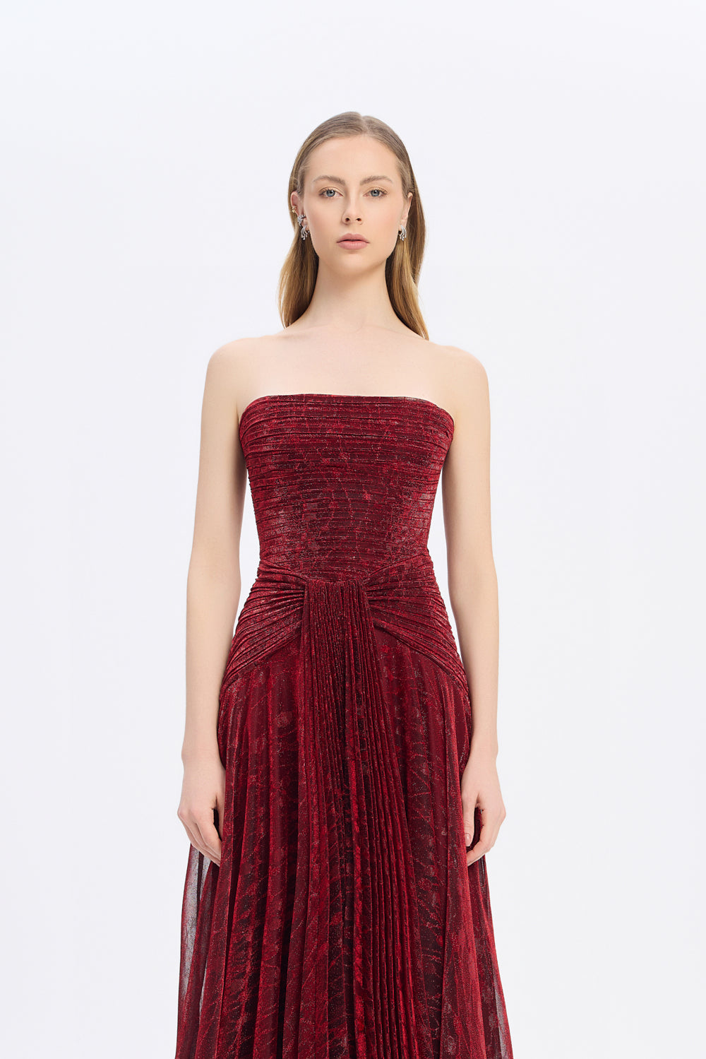 Straplez Yaka Simli Uzun Abiye Elbise - 9167C - BORDO