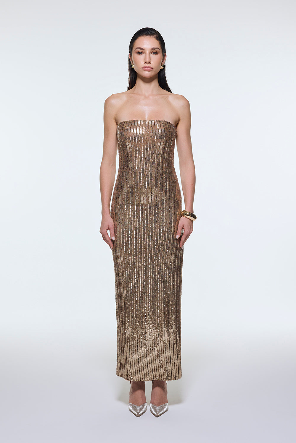 Strapless Neckline Slit Sequin Long Evening Dress - 9293C
