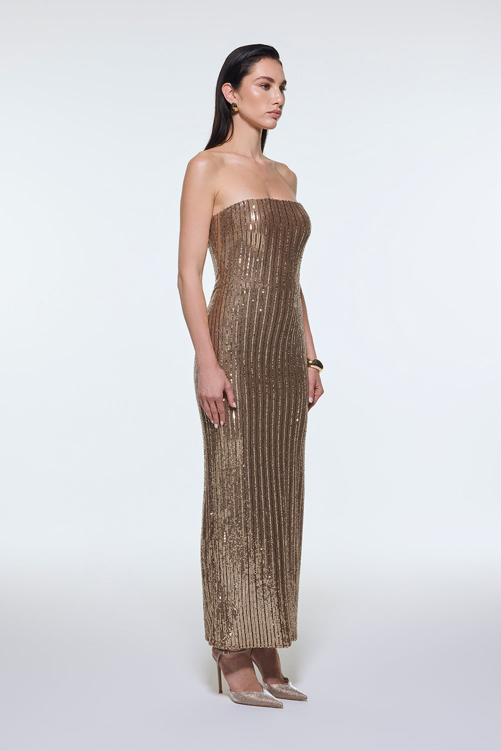 Strapless Neckline Slit Sequin Long Evening Dress - 9293C