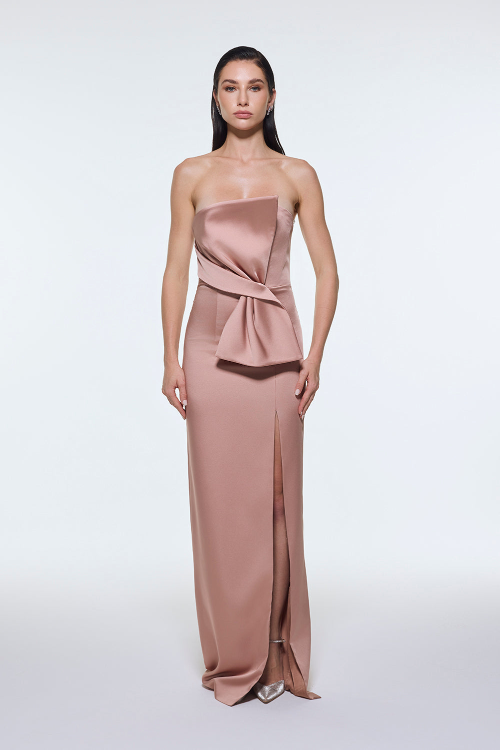 Strapless Collar Slit Satin Long Evening Dress - 9281C