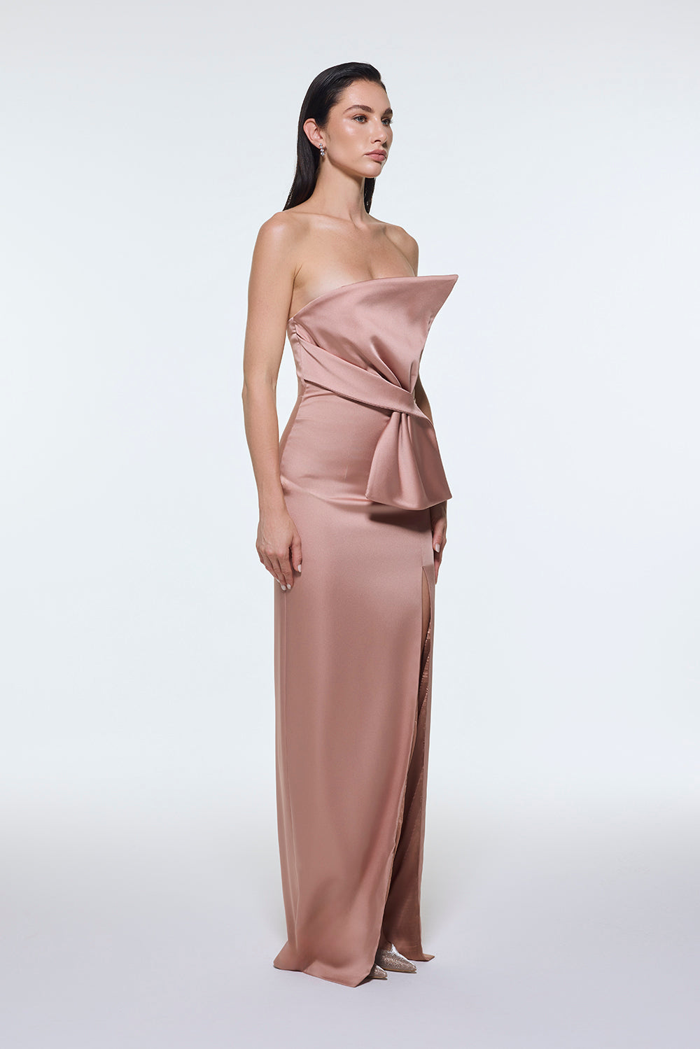 Strapless Collar Slit Satin Long Evening Dress - 9281C