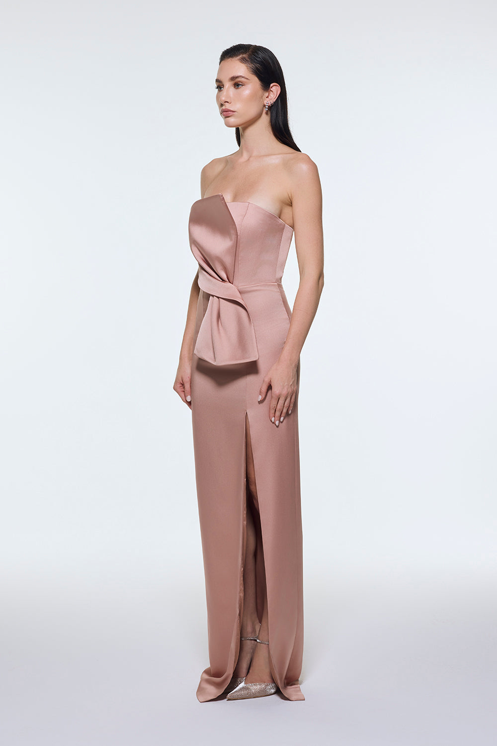 Strapless Collar Slit Satin Long Evening Dress - 9281C