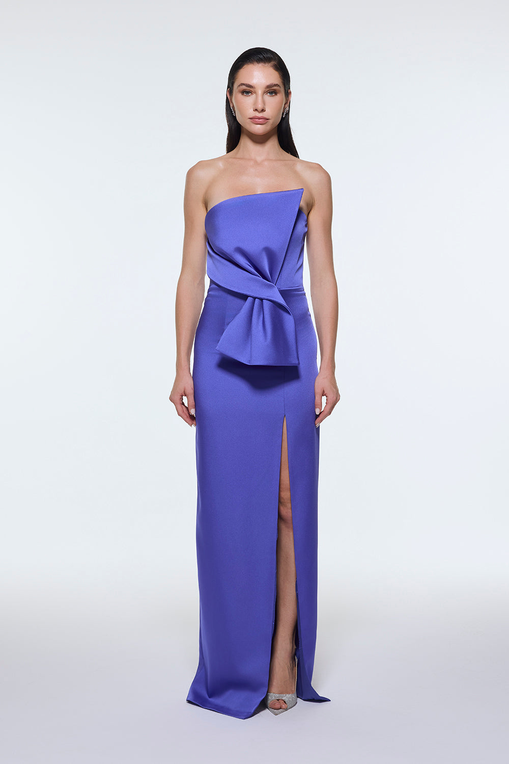 Strapless Collar Slit Satin Long Evening Dress - 9281C