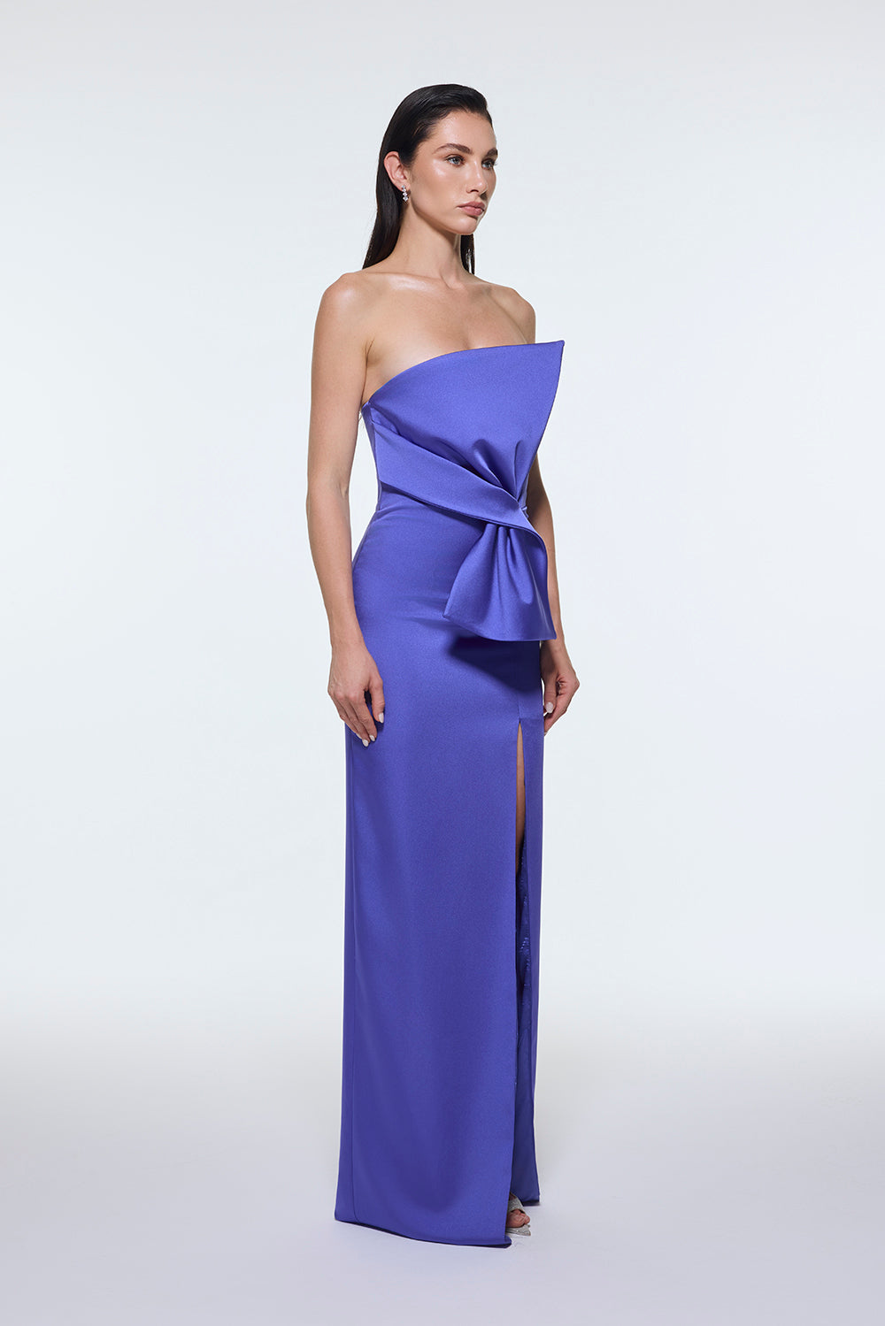 Strapless Collar Slit Satin Long Evening Dress - 9281C