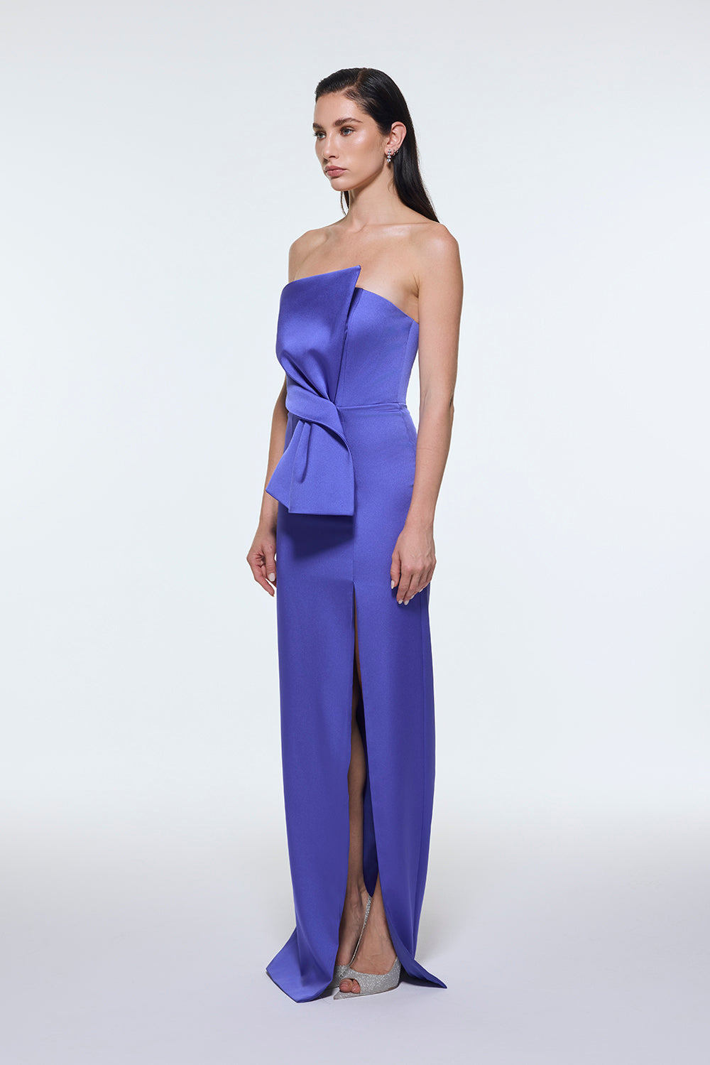 Strapless Collar Slit Satin Long Evening Dress - 9281C