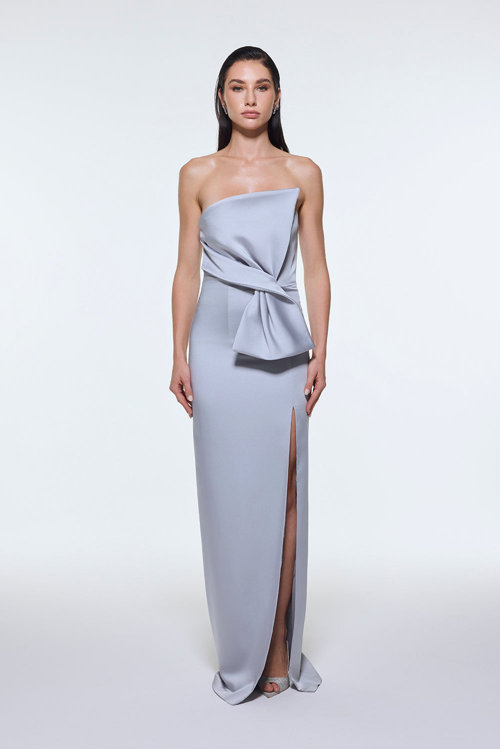 Strapless Collar Slit Satin Long Evening Dress - 9281C